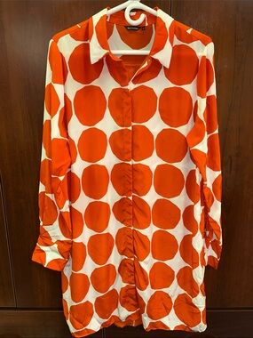 Marimekko sz 44 Red and White large dot Graphic Collared 100% silk dress